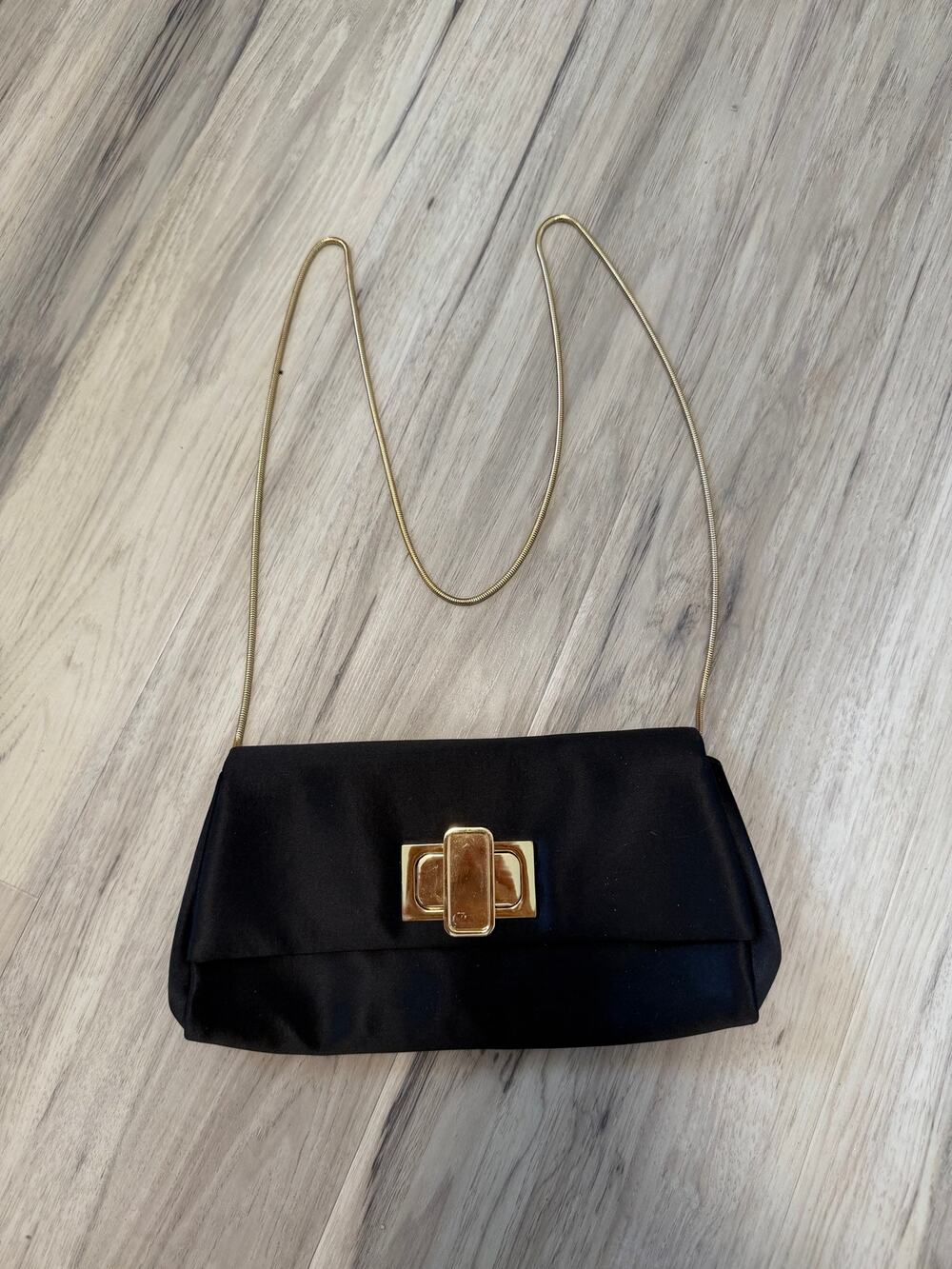 Saks Fifth Avenue Black Satin Crossbody Clutch Purse Chain Strap Gold Hardware